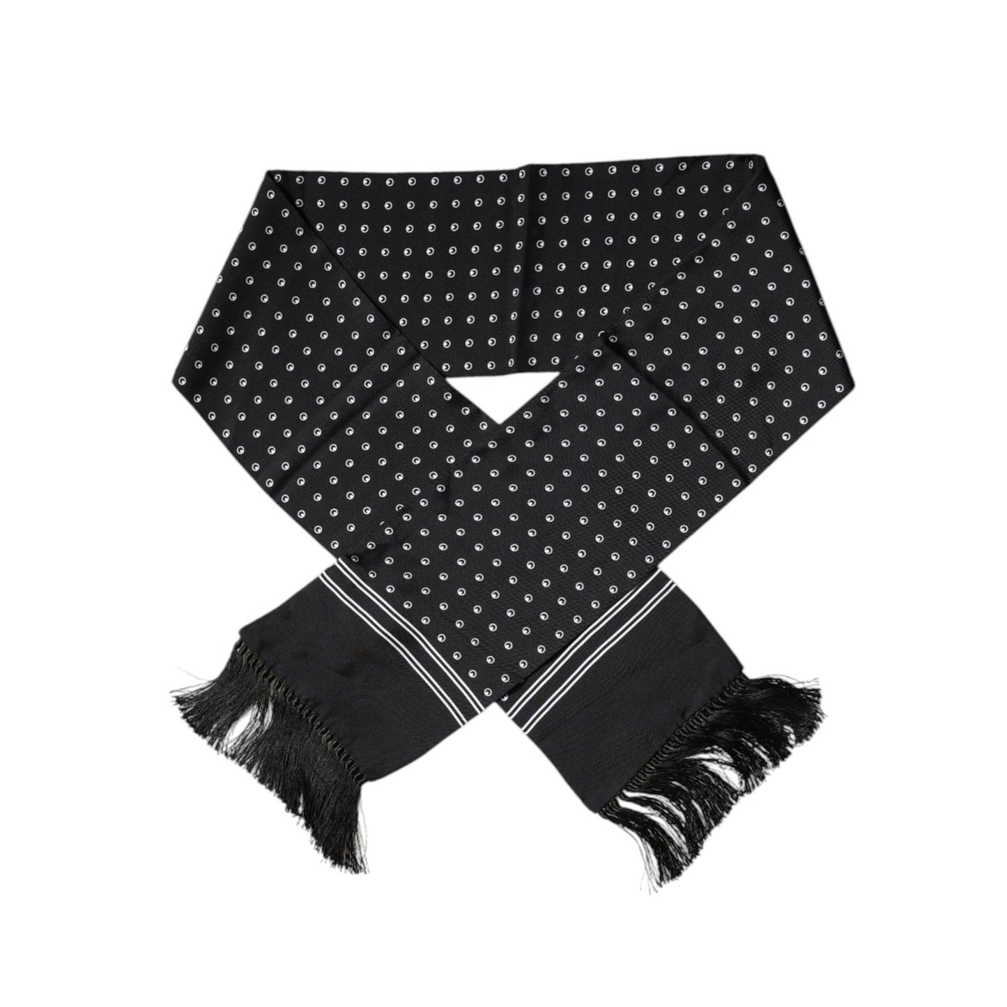 Dolce & Gabbana Black White Polka Dotted Silk Skinny Fringes Scarf MS7195