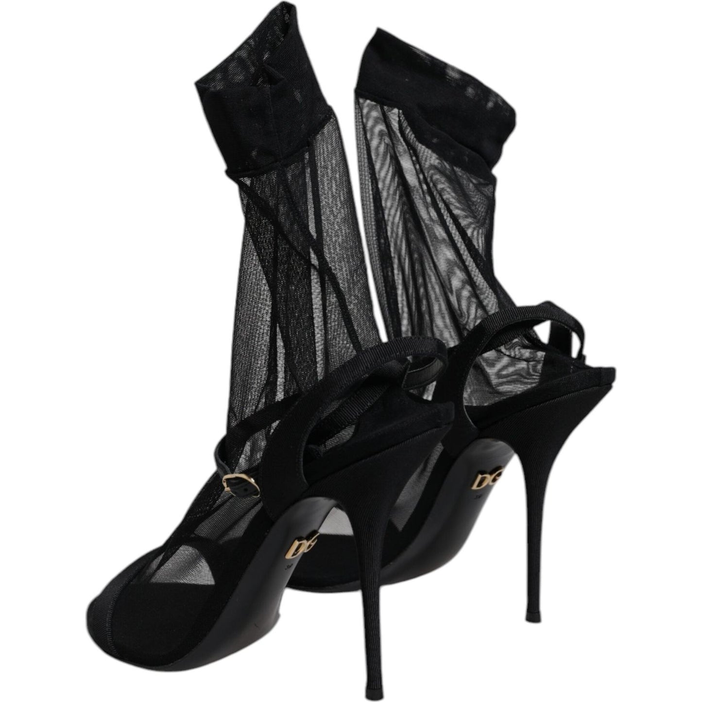 Dolce & Gabbana Black Tulle Stretch Heels Sandals Shoes