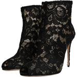 Dolce & Gabbana Black Floral Lace Heels Ankle Boots Shoes