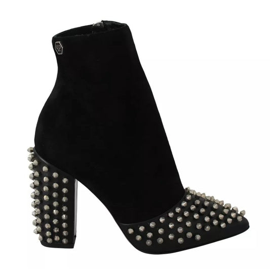 Philipp Plein Black Suede Studded Heels Ankle Boots Shoes