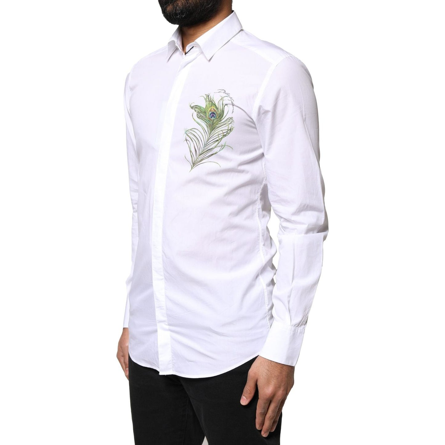 Dolce & Gabbana White Cotton Peacock Feather GOLD Formal Shirt