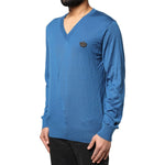 Dolce & Gabbana Blue Cashmere Crown V-neck Pullover Sweater