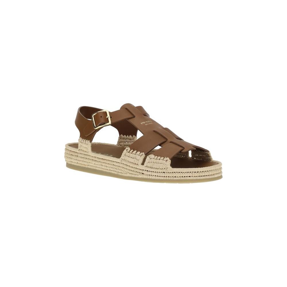 Prada Leather and Raffia Sandals Prada Dark Olive Green