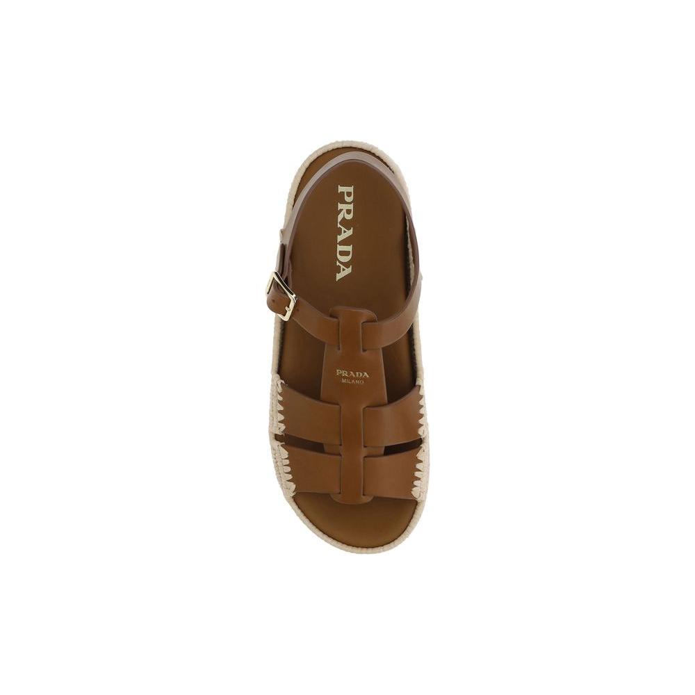 Prada Leather and Raffia Sandals Prada Saddle Brown