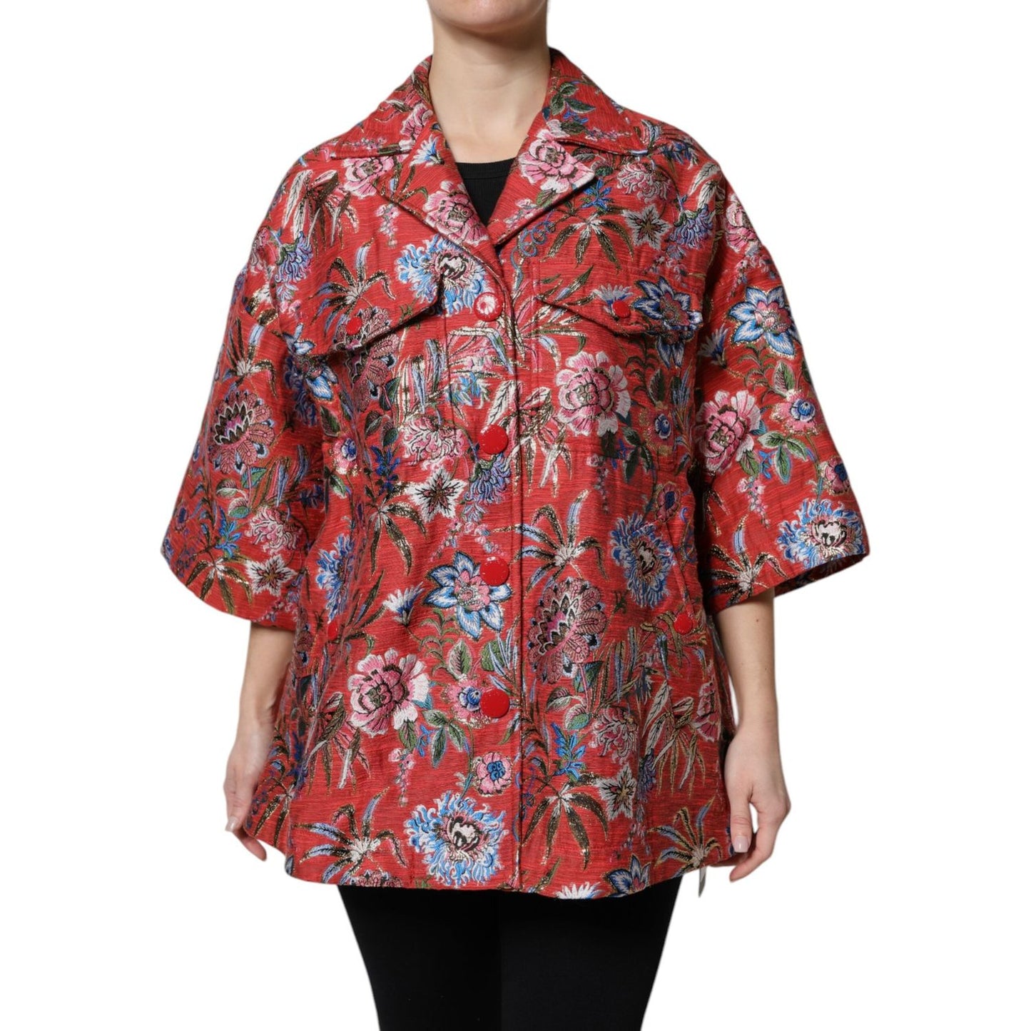 Dolce & Gabbana Red Floral Jacquard Button Down Coat Jacket Dolce & Gabbana Sienna