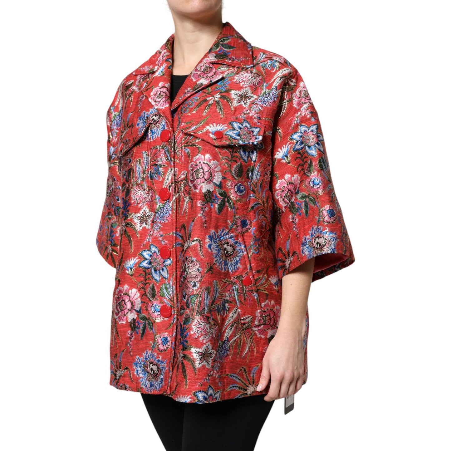 Dolce & Gabbana Red Floral Jacquard Button Down Coat Jacket Dolce & Gabbana Sienna