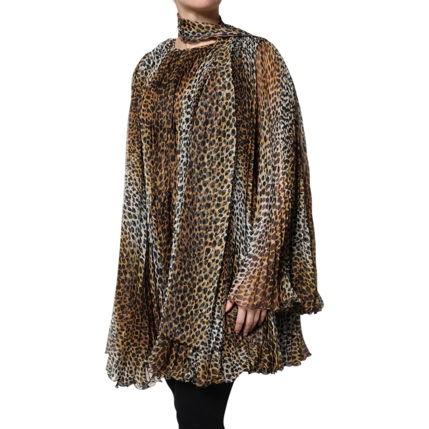 Dolce & Gabbana Brown Leopard Print Scarf Collared Chiffon Dress