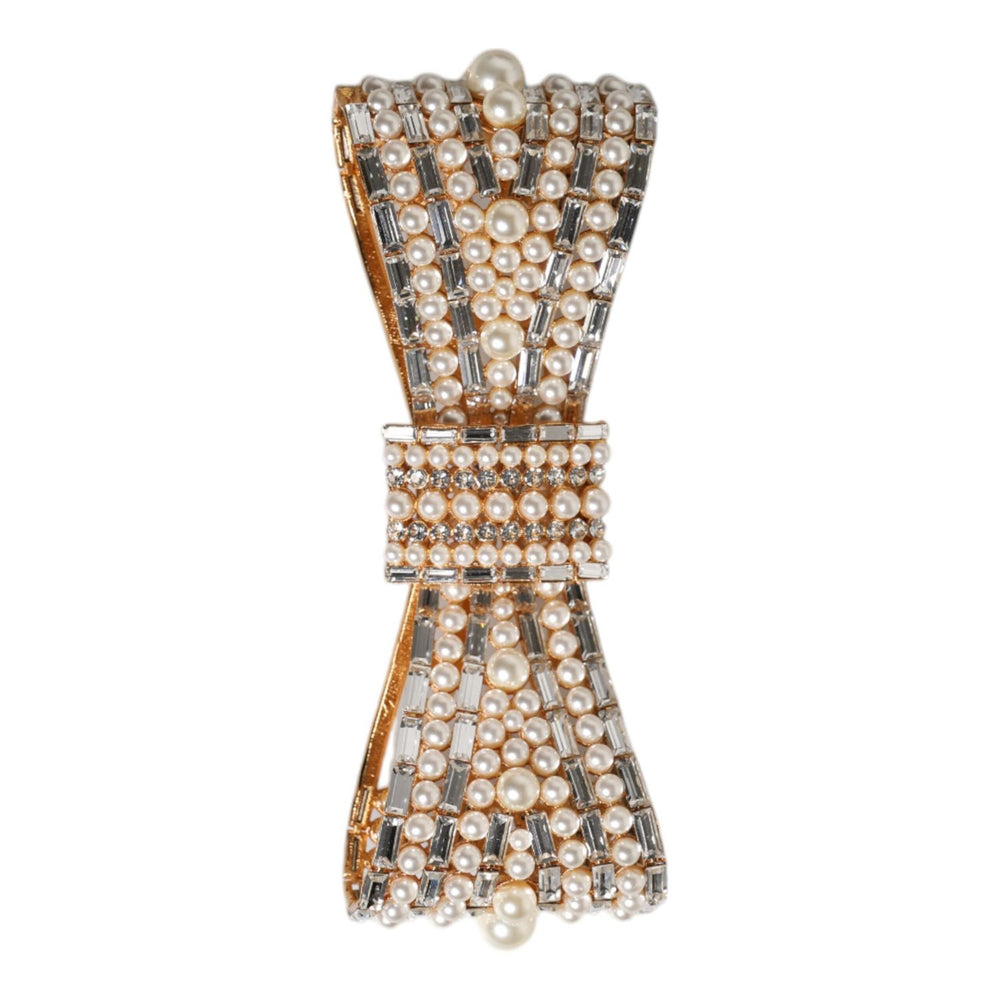 Dolce & Gabbana Gold Tone Brass Bow Crystal FauxPearl Embellished Brooch SMY10433