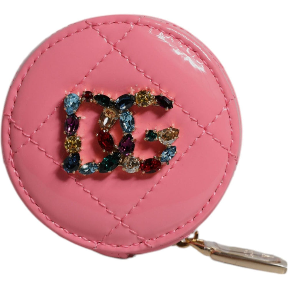 Dolce & Gabbana Pink Lamb Leather DG Crystal Round Coin Purse Wallet BAG4271