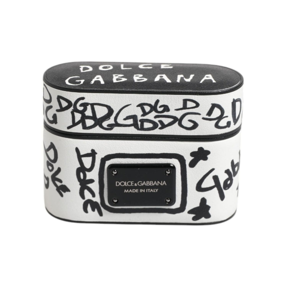 Dolce & Gabbana Black White Leather Scribble Embossed Logo Airpods Case SMY10655