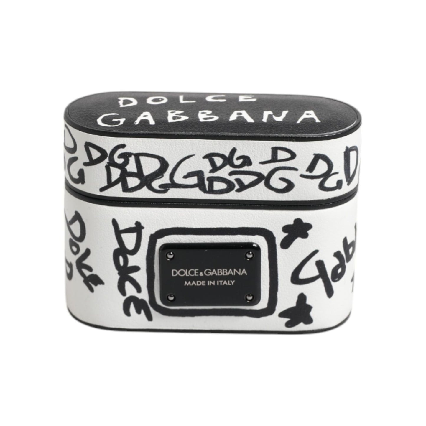 Dolce & Gabbana Black White Leather Scribble Embossed Logo Airpods Case SMY10655