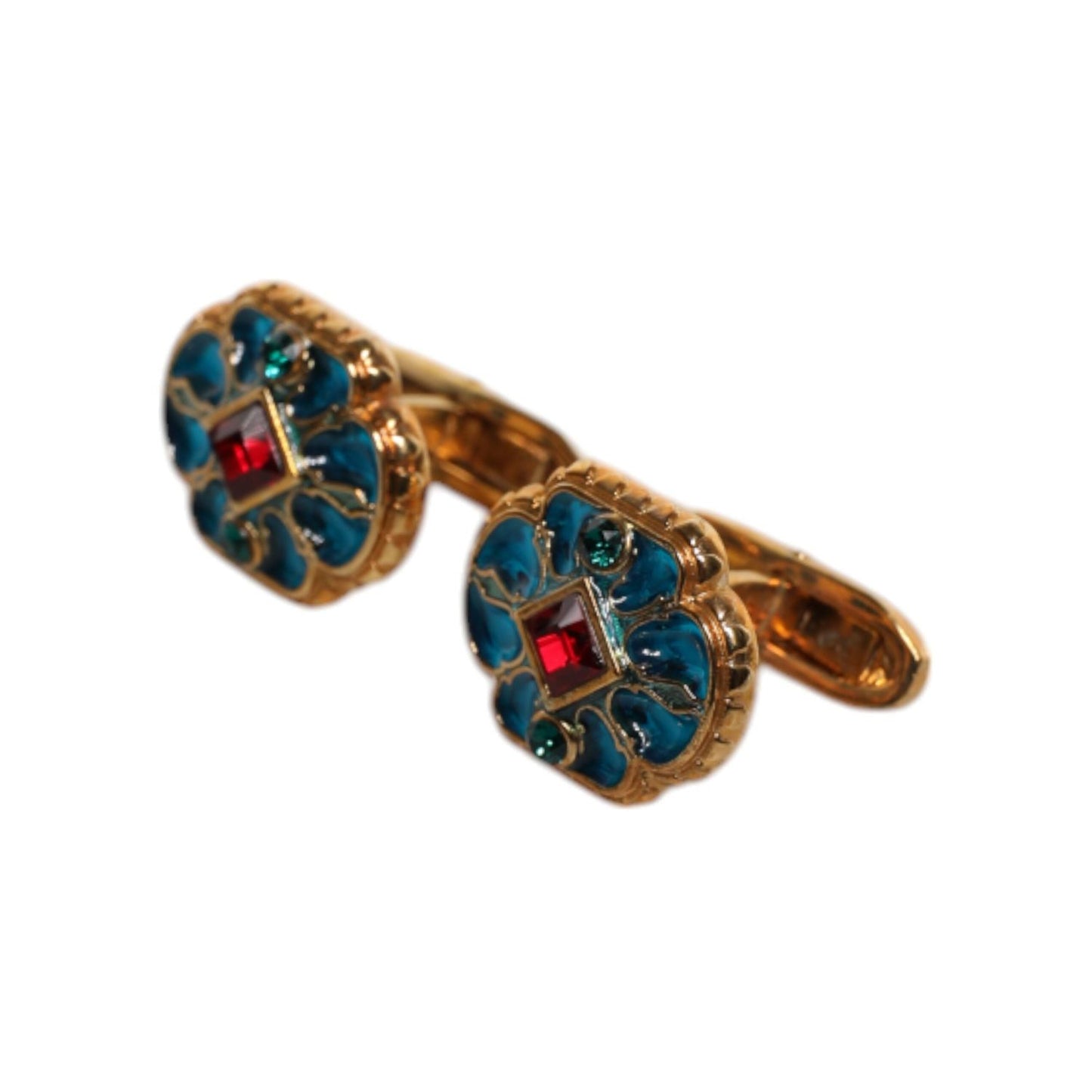 Dolce & Gabbana Gold Brass Blue Enameled Flower Cufflink SMY10680