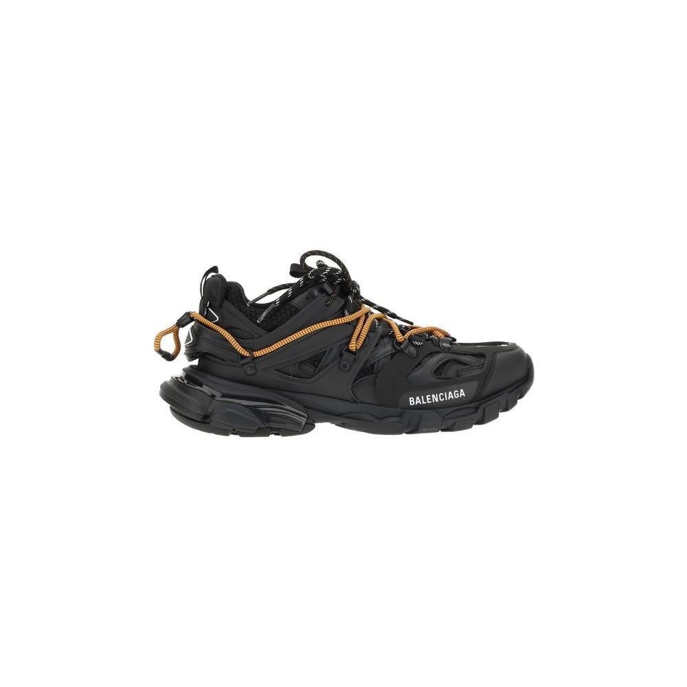 Balenciaga Track Trail Laces Sneakers in black with double knotted laces, embossed logos on toe and heel, and distinctive sporty details.