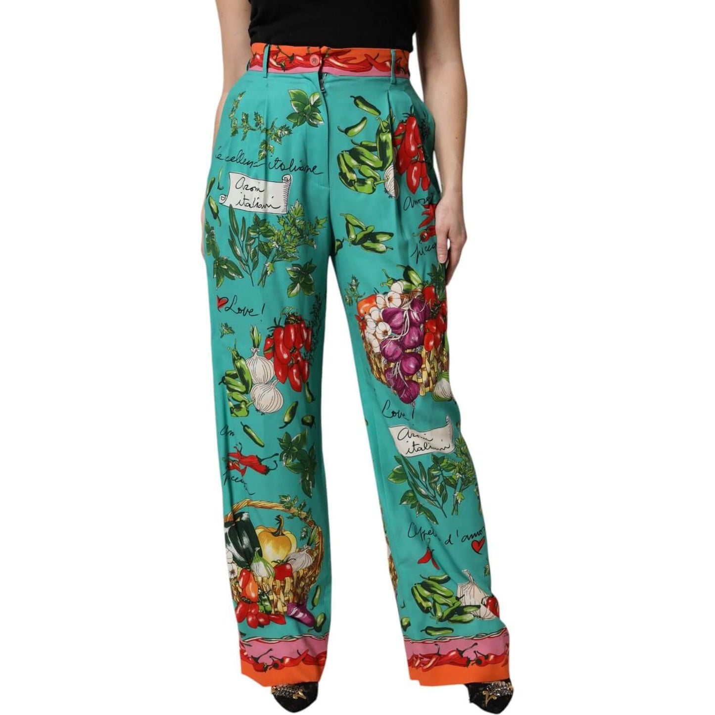 Dolce & Gabbana Green Silk Printed Straight Pants