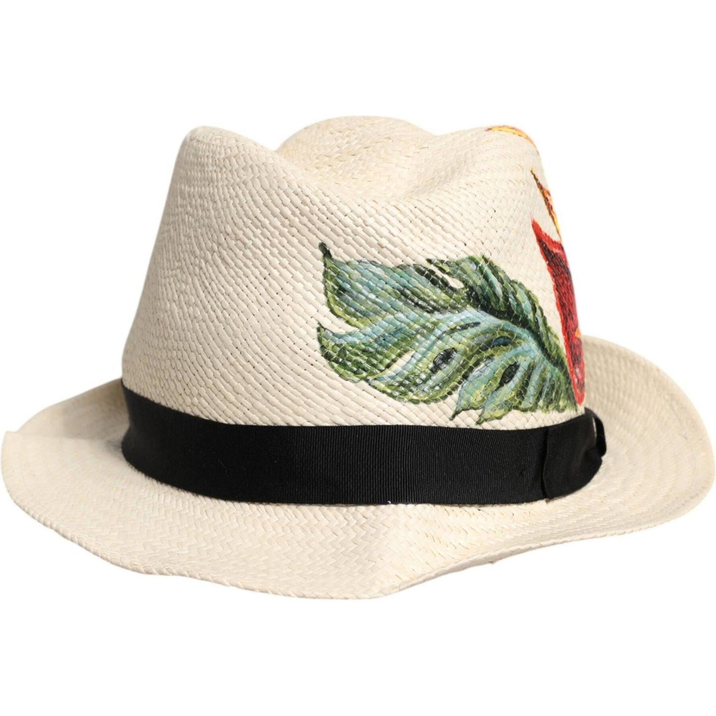 Dolce & Gabbana Beige Floral Print Straw Wide Brim Fedora Hat Dolce & Gabbana Light Gray