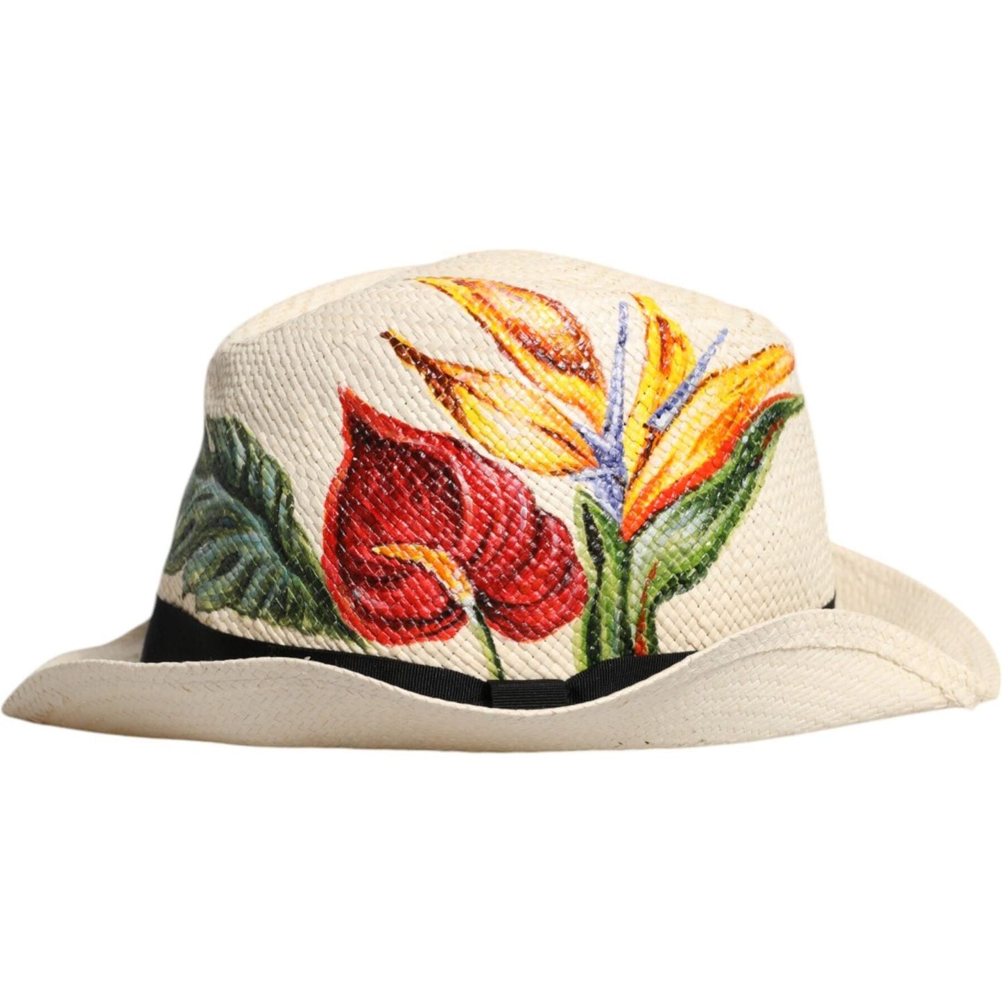 Dolce & Gabbana Beige Floral Print Straw Wide Brim Fedora Hat Dolce & Gabbana Light Gray