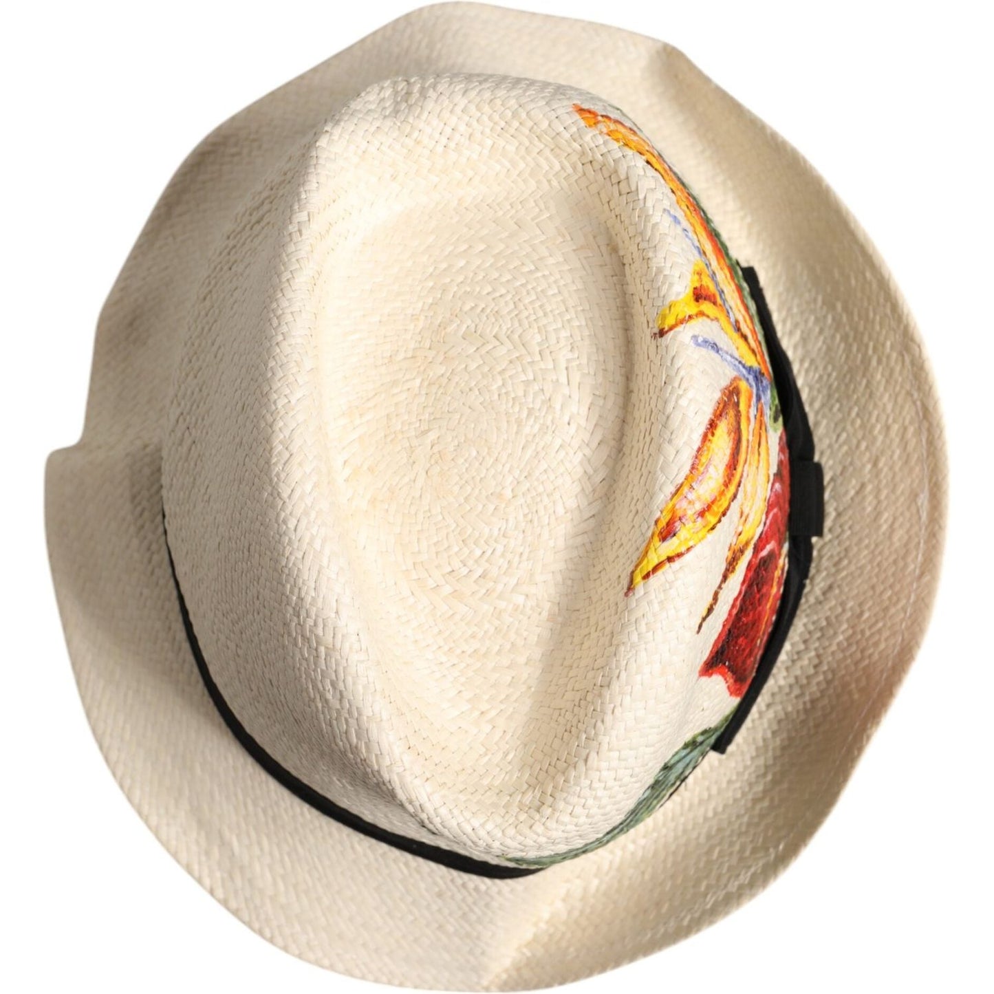 Dolce & Gabbana Beige Floral Print Straw Wide Brim Fedora Hat Dolce & Gabbana Wheat