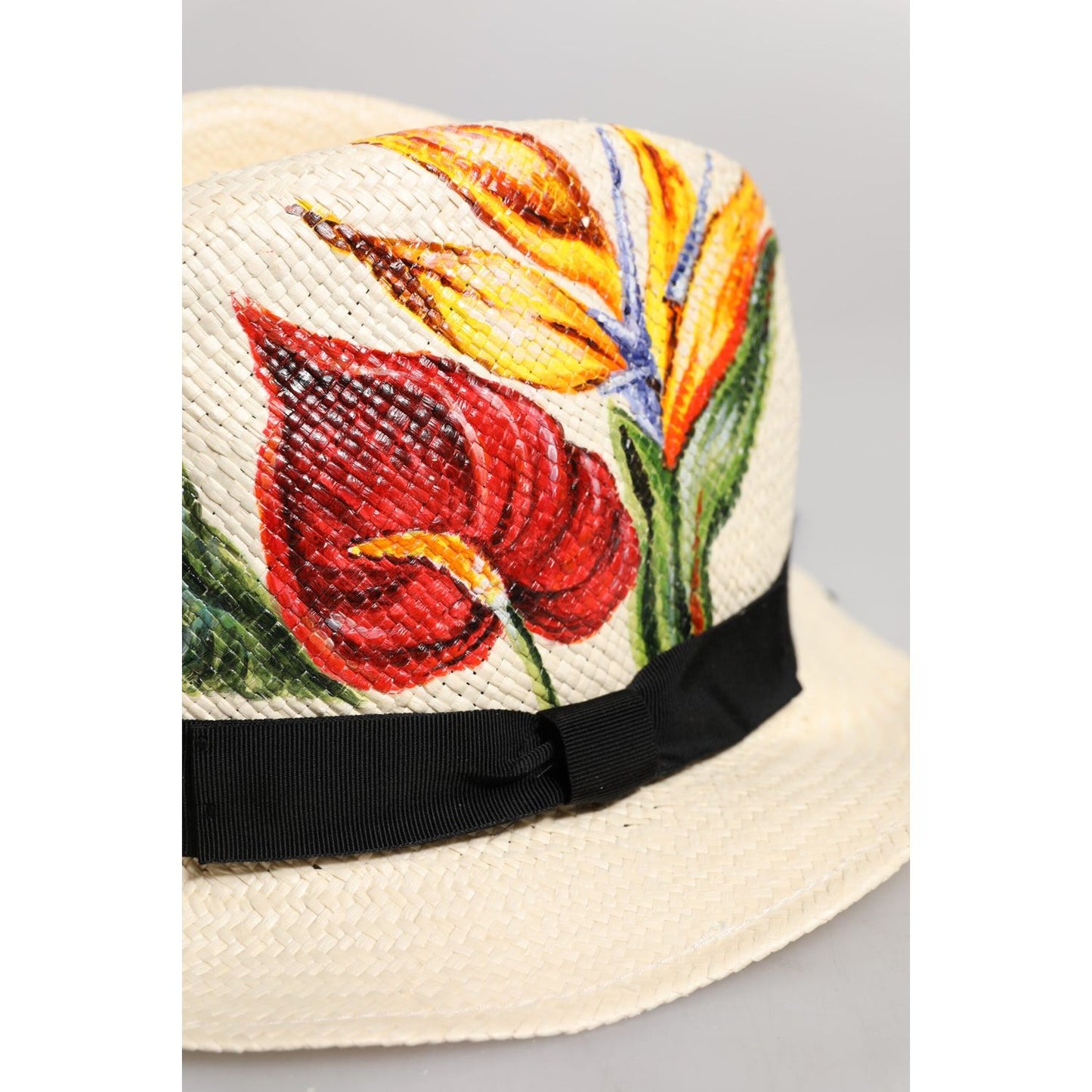 Dolce & Gabbana Beige Floral Print Straw Wide Brim Fedora Hat Dolce & Gabbana Light Gray