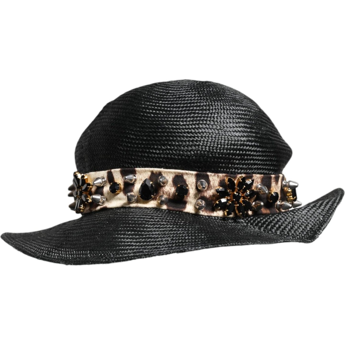 Dolce & Gabbana Black Straw Crystal Embellished Wide Brim Hat Dolce & Gabbana Dark Slate Gray