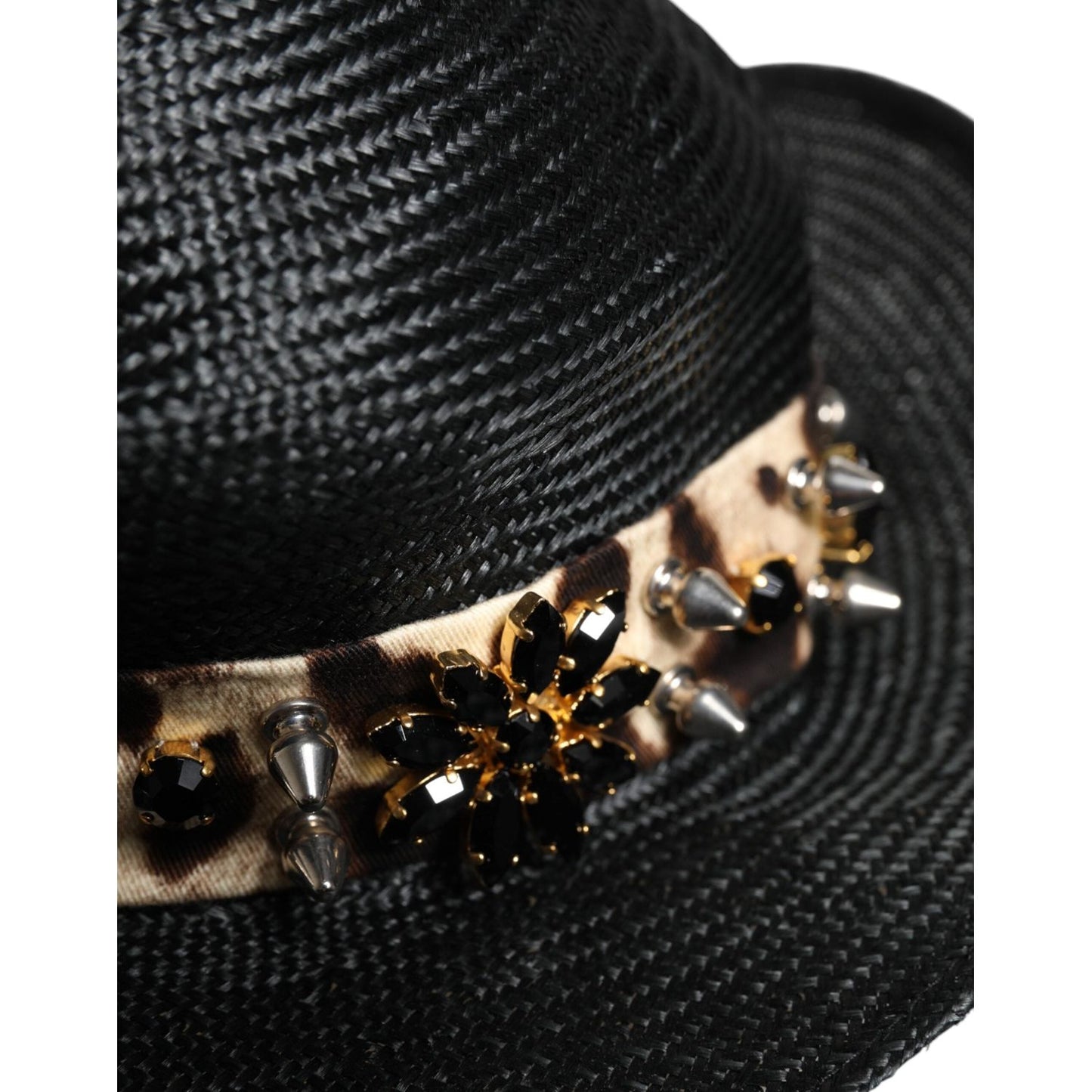 Dolce & Gabbana Black Straw Crystal Embellished Wide Brim Hat Dolce & Gabbana Black