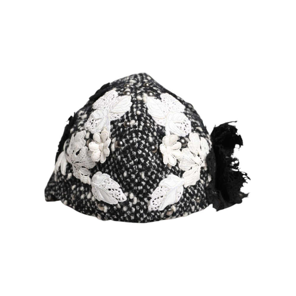 Dolce & Gabbana Black Wool White Floral Embellished Cloche Hat HAT9671