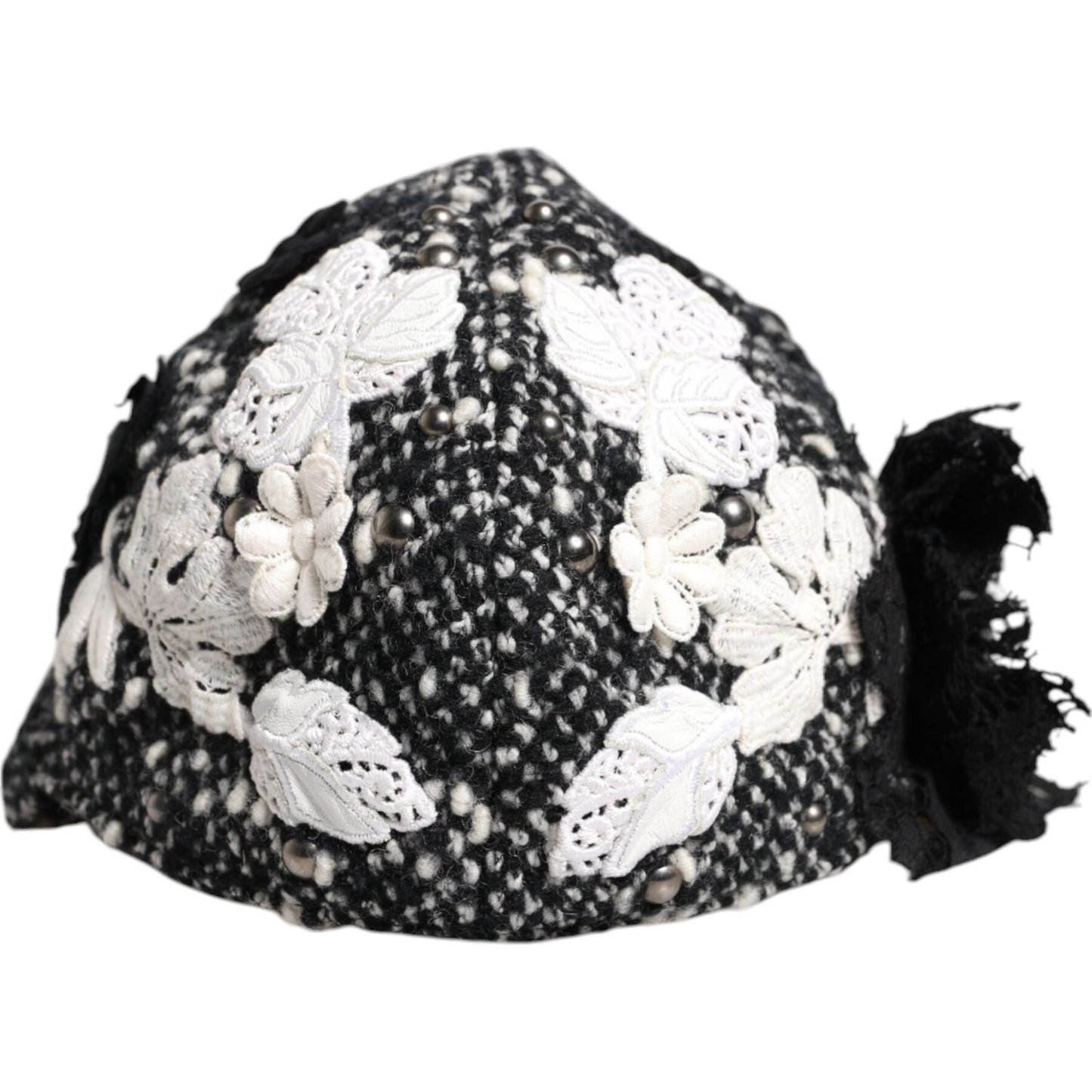 Dolce & Gabbana Black Wool White Floral Embellished Cloche Hat Dolce & Gabbana Light Gray