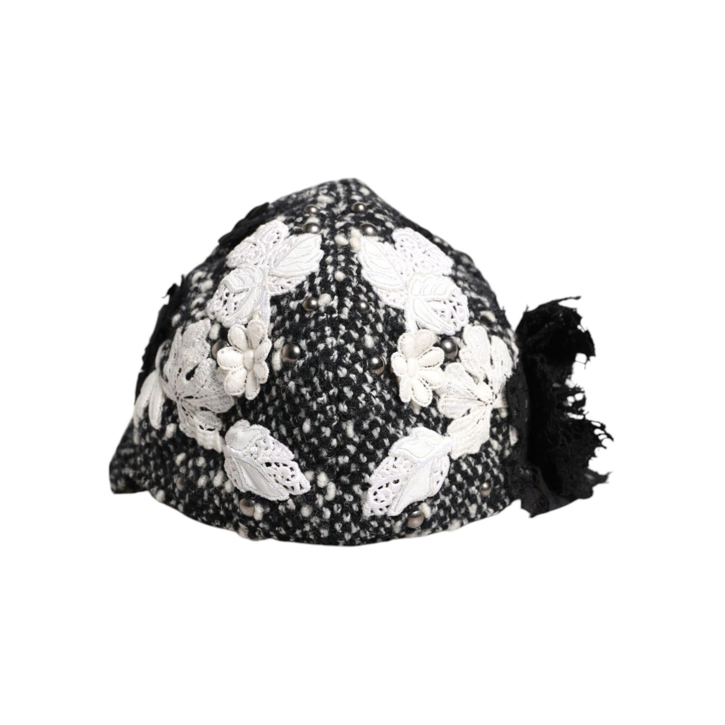 Dolce & Gabbana Black Wool White Floral Embellished Cloche Hat HAT9671