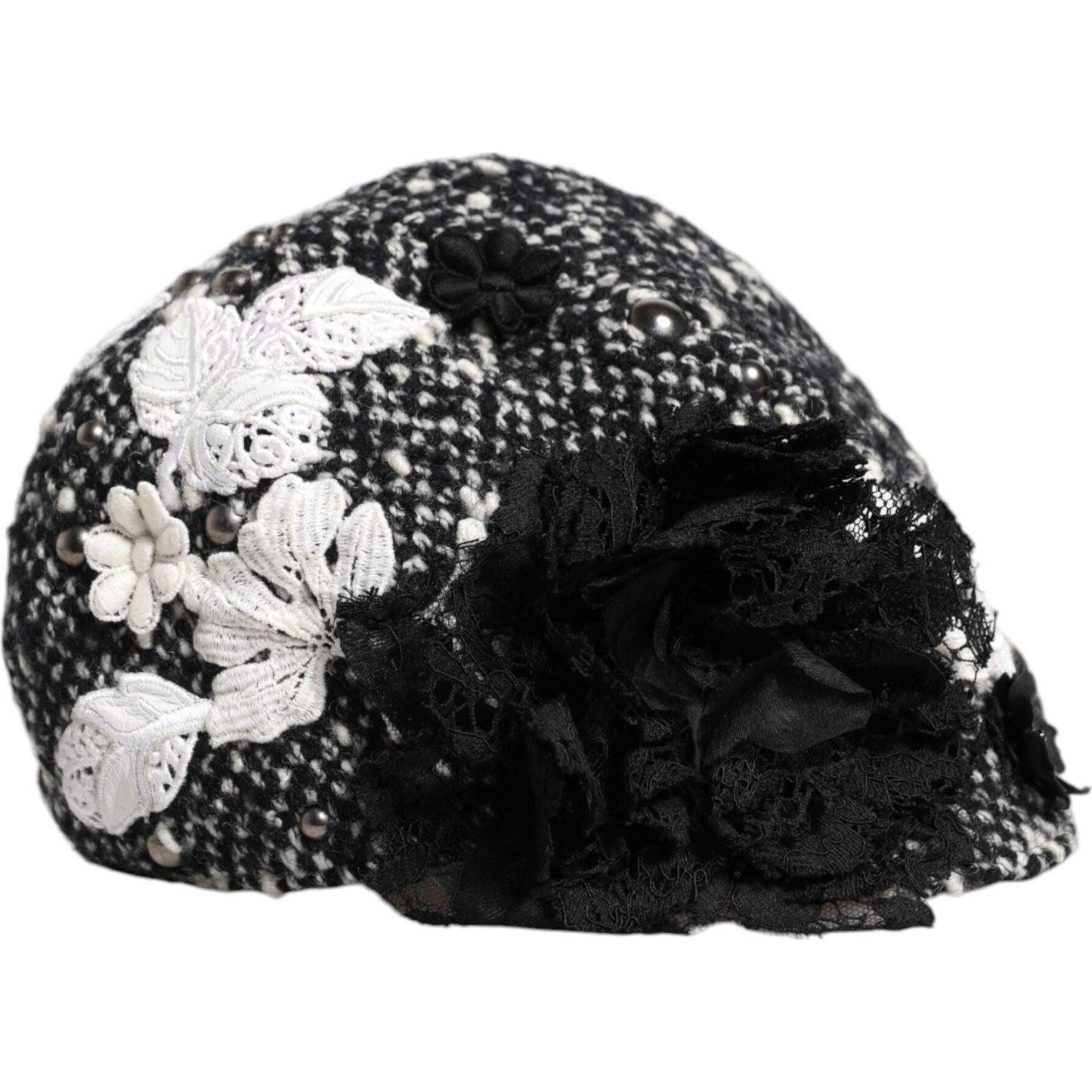 Dolce & Gabbana Black Wool White Floral Embellished Cloche Hat Dolce & Gabbana Light Gray