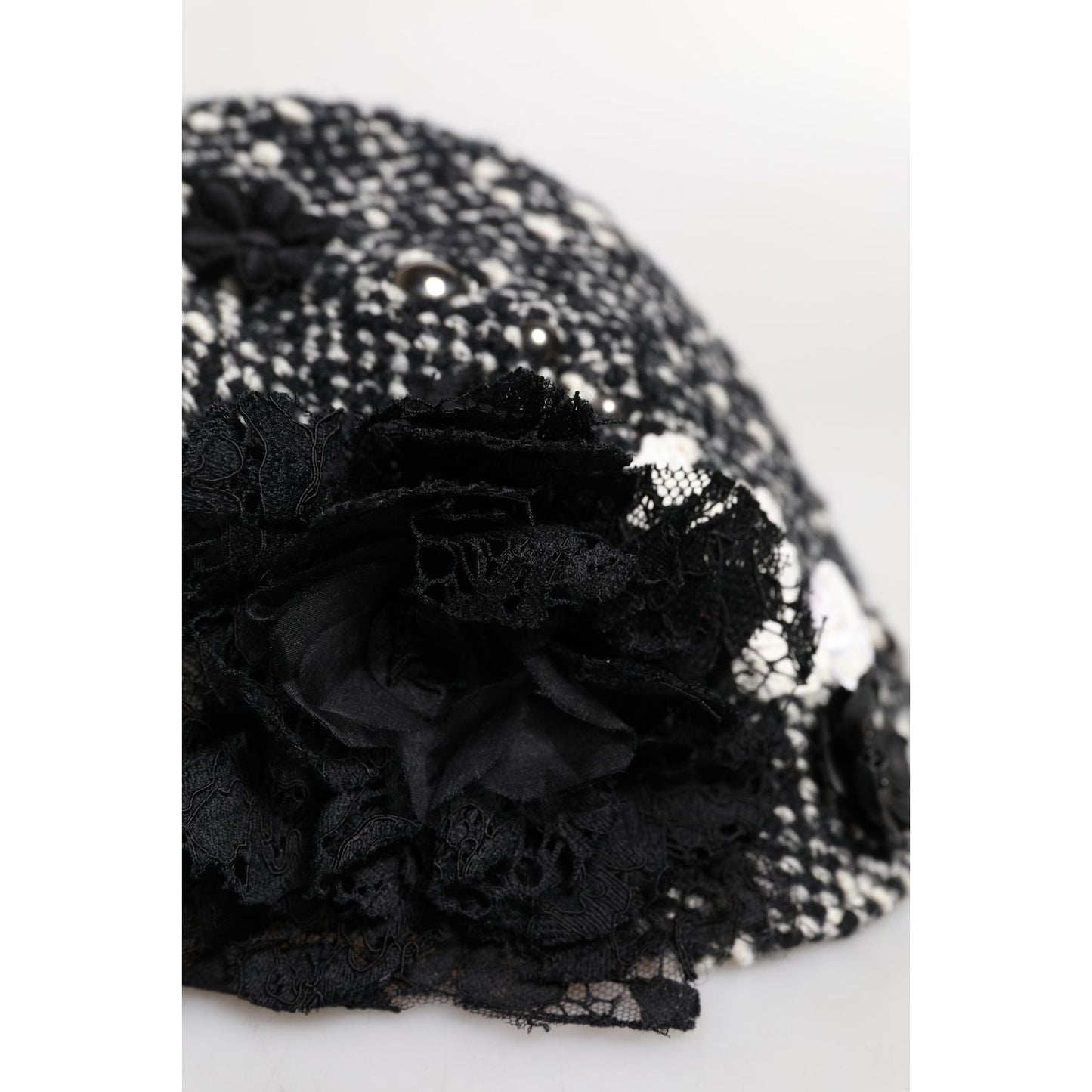 Dolce & Gabbana Black Wool White Floral Embellished Cloche Hat Dolce & Gabbana Black