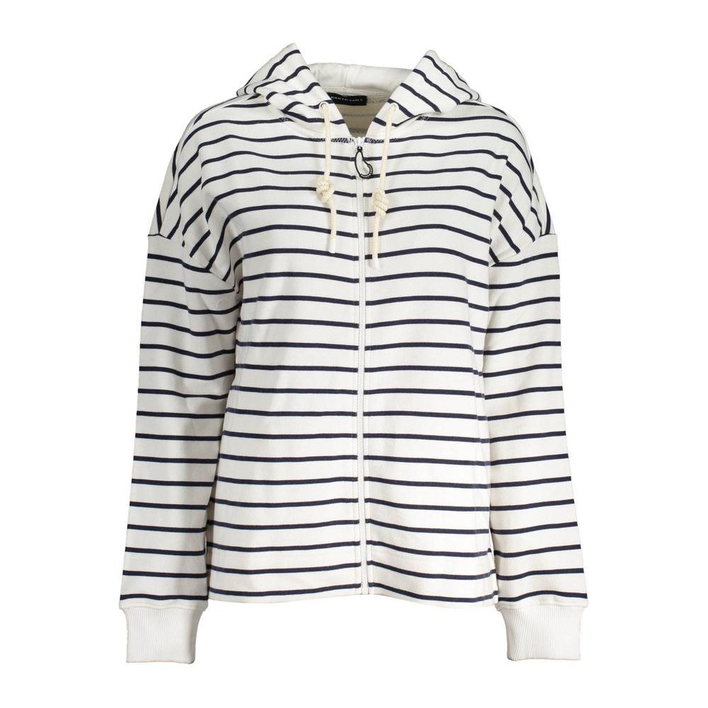 North Sails white cotton women sweater, striped pattern, with hood and long sleeves, eco-friendly organic cotton fabric.