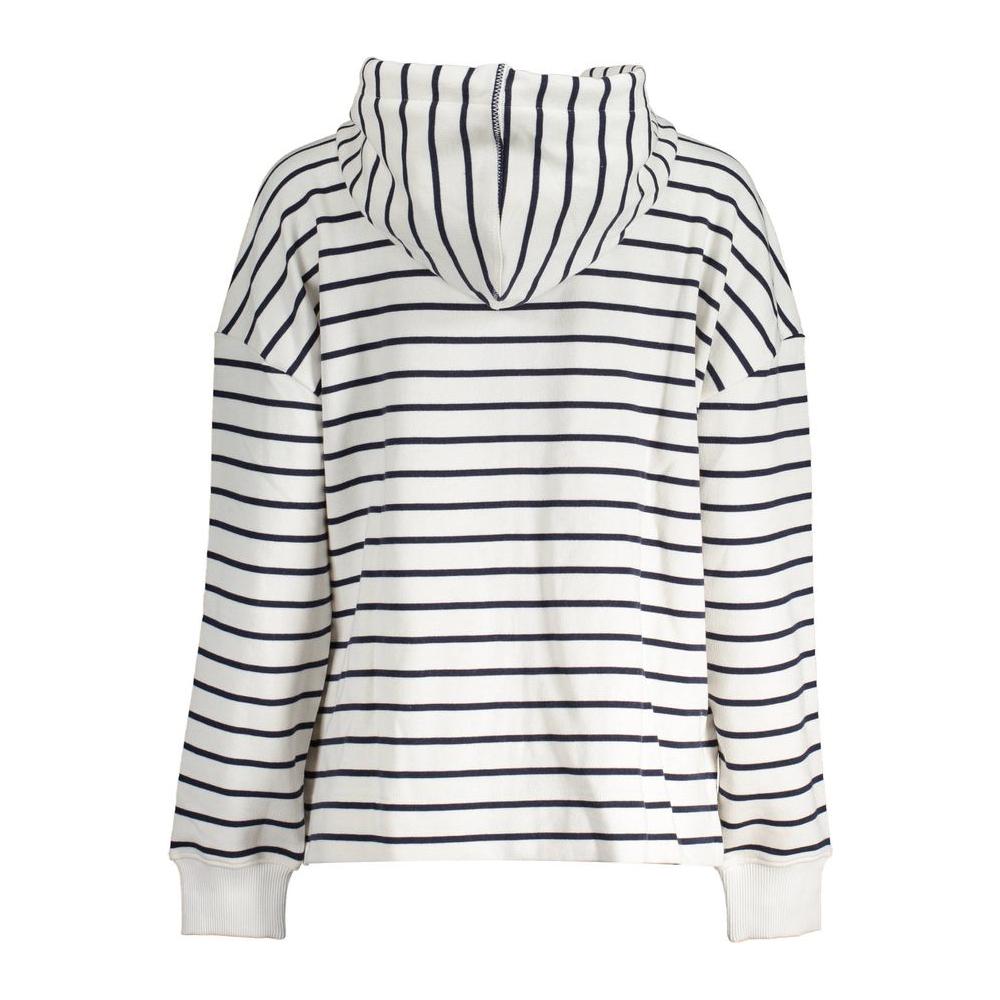 Back view of North Sails women's white cotton hooded sweater with black stripes, featuring long sleeves and cozy brushed interior.