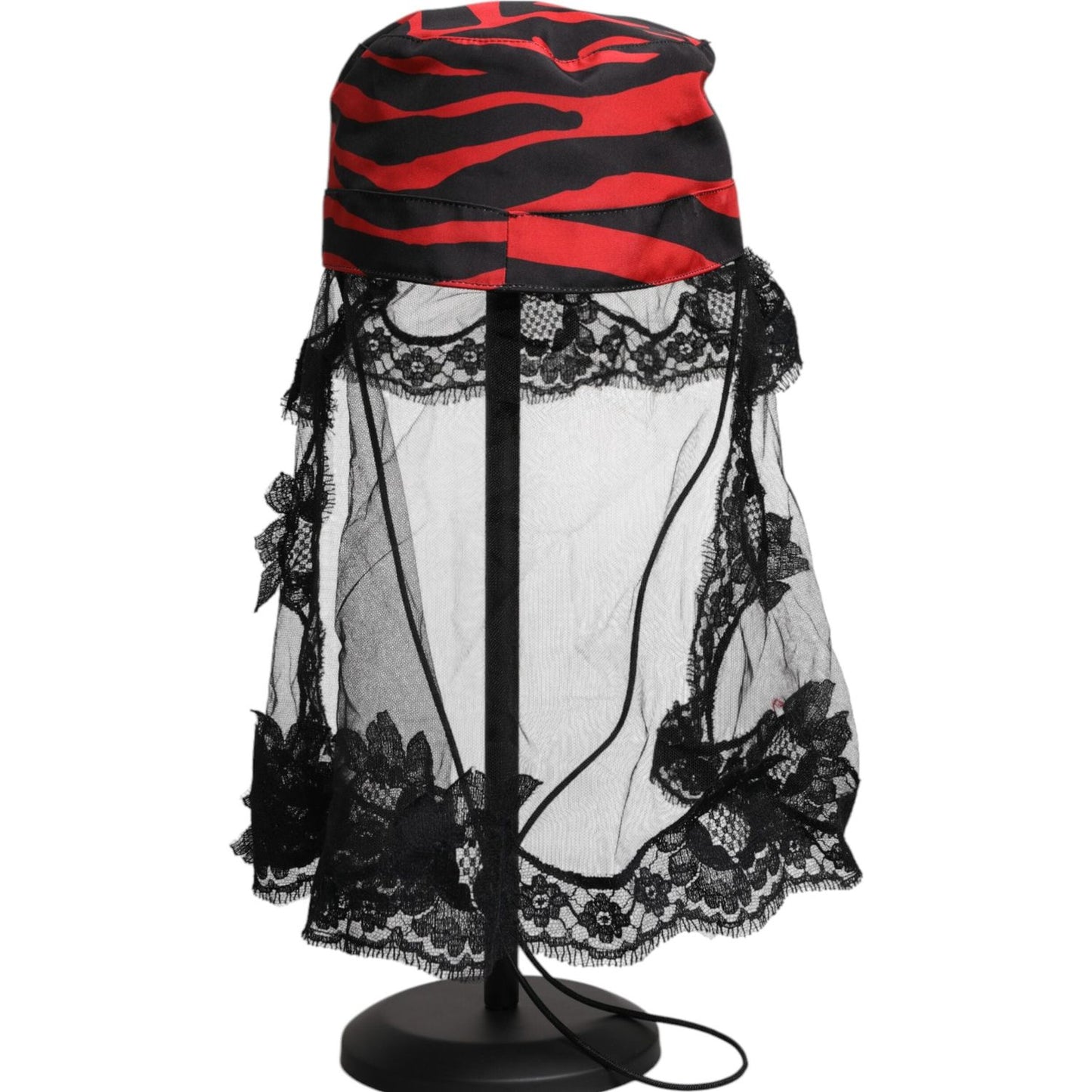 Dolce & Gabbana Black Red Stripes Lace Tulle Bucket Hat Dolce & Gabbana Gray