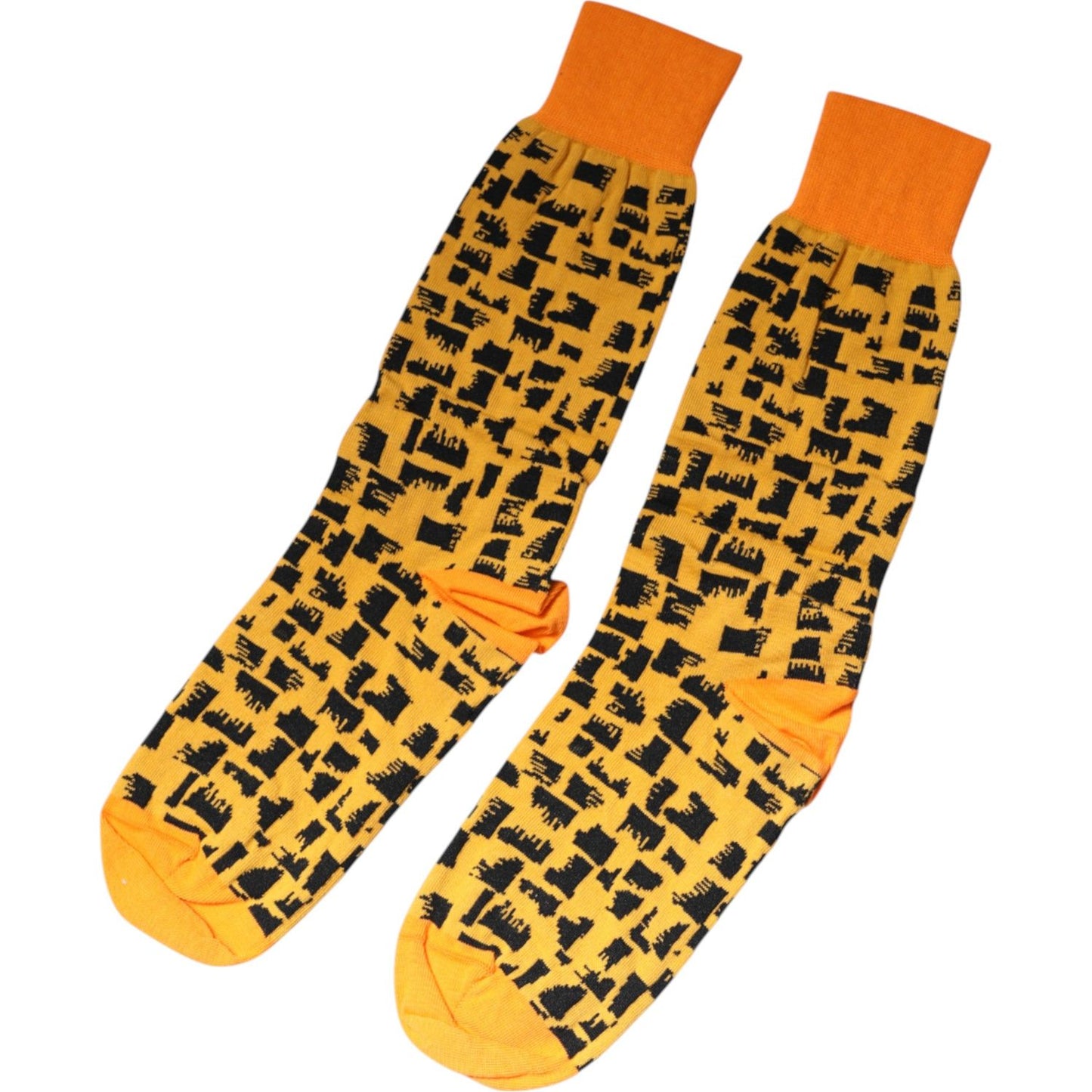 Dolce & Gabbana Yellow Black Print Mid Calf Men Socks Dolce & Gabbana Goldenrod