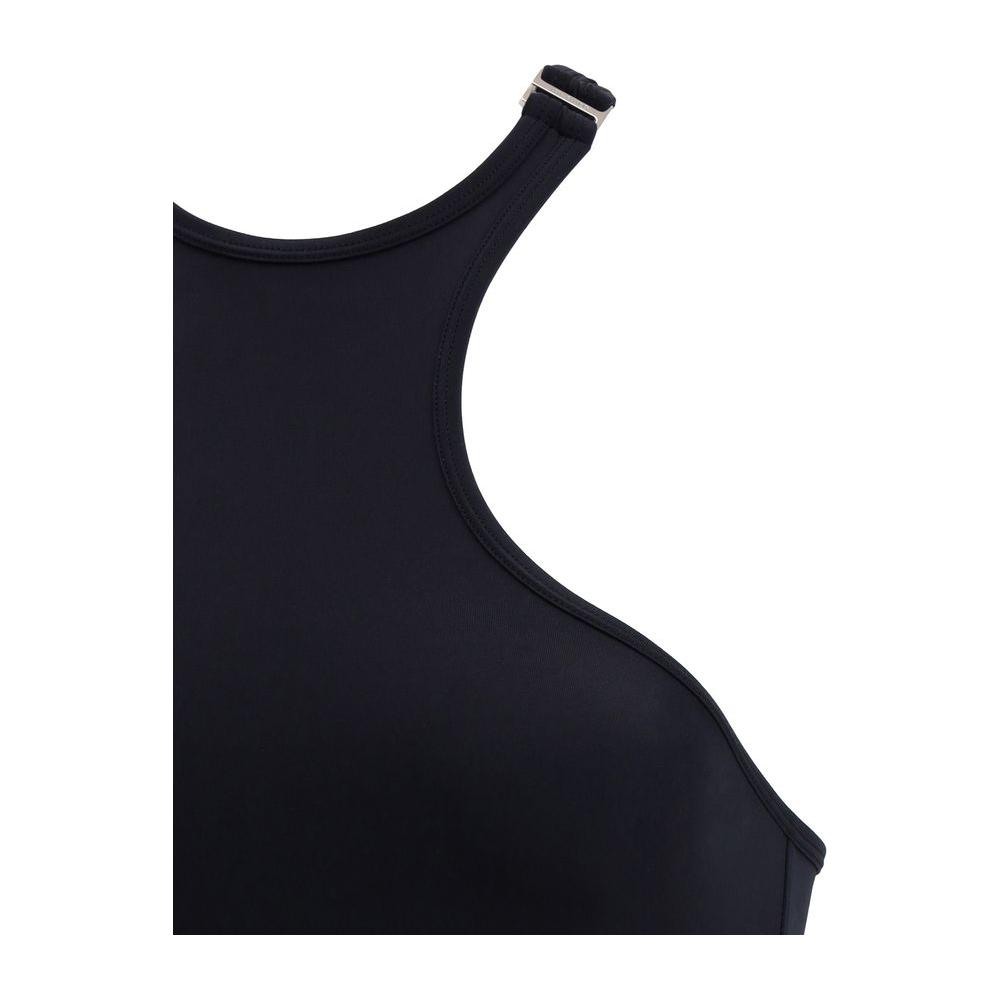 The Attico Monochrome Swimsuit with Olympic pattern and logoed hook-and-eye closure for a chic, minimal summer style.
