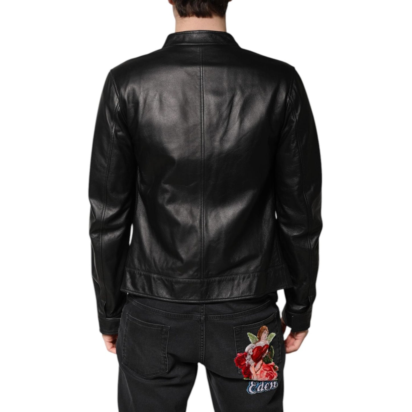 Dolce & Gabbana Black Sheep Leather Biker Full Zip Jacket JKT3718-44