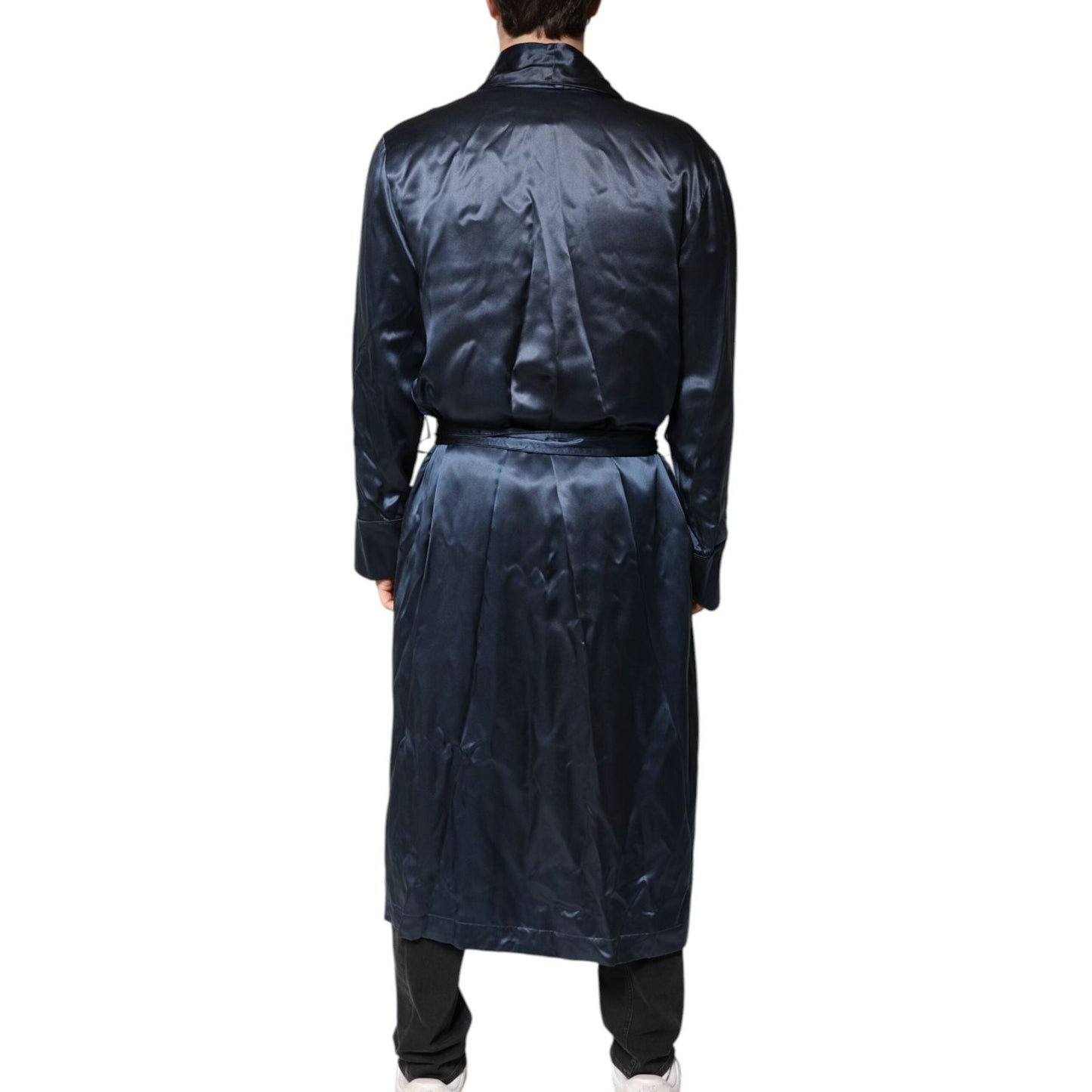 Dolce & Gabbana Blue Solid Silk Men Wrap Robe Coat Jacket JKT41348-46
