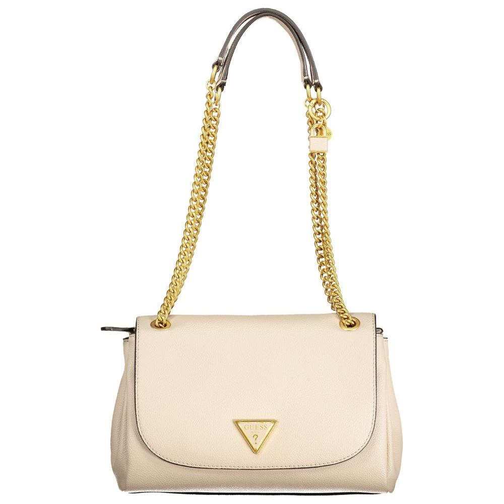 Guess Jeans beige polyethylene handbag with chain shoulder strap, multiple compartments, protective feet, and logo design.