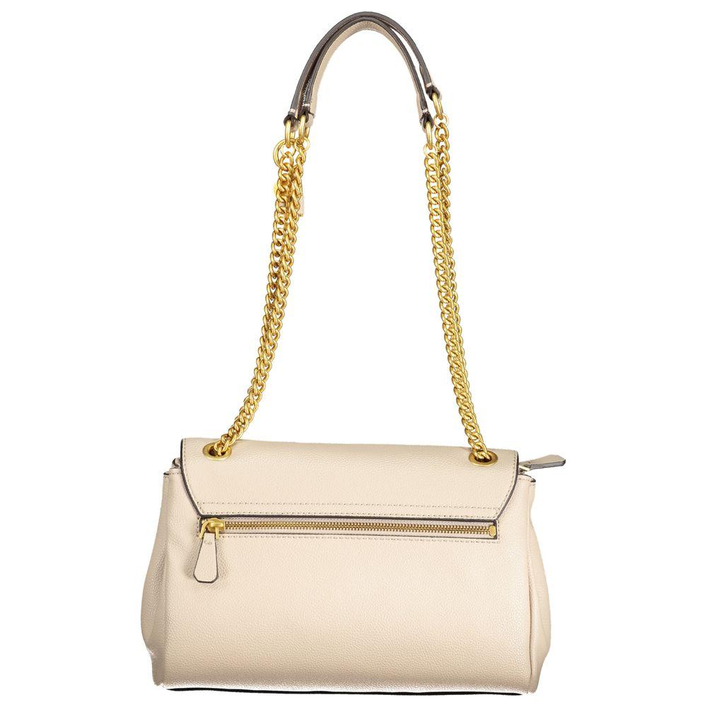 Guess Jeans beige handbag with chain shoulder strap, featuring multiple pockets and compartments, ideal for stylish organization.