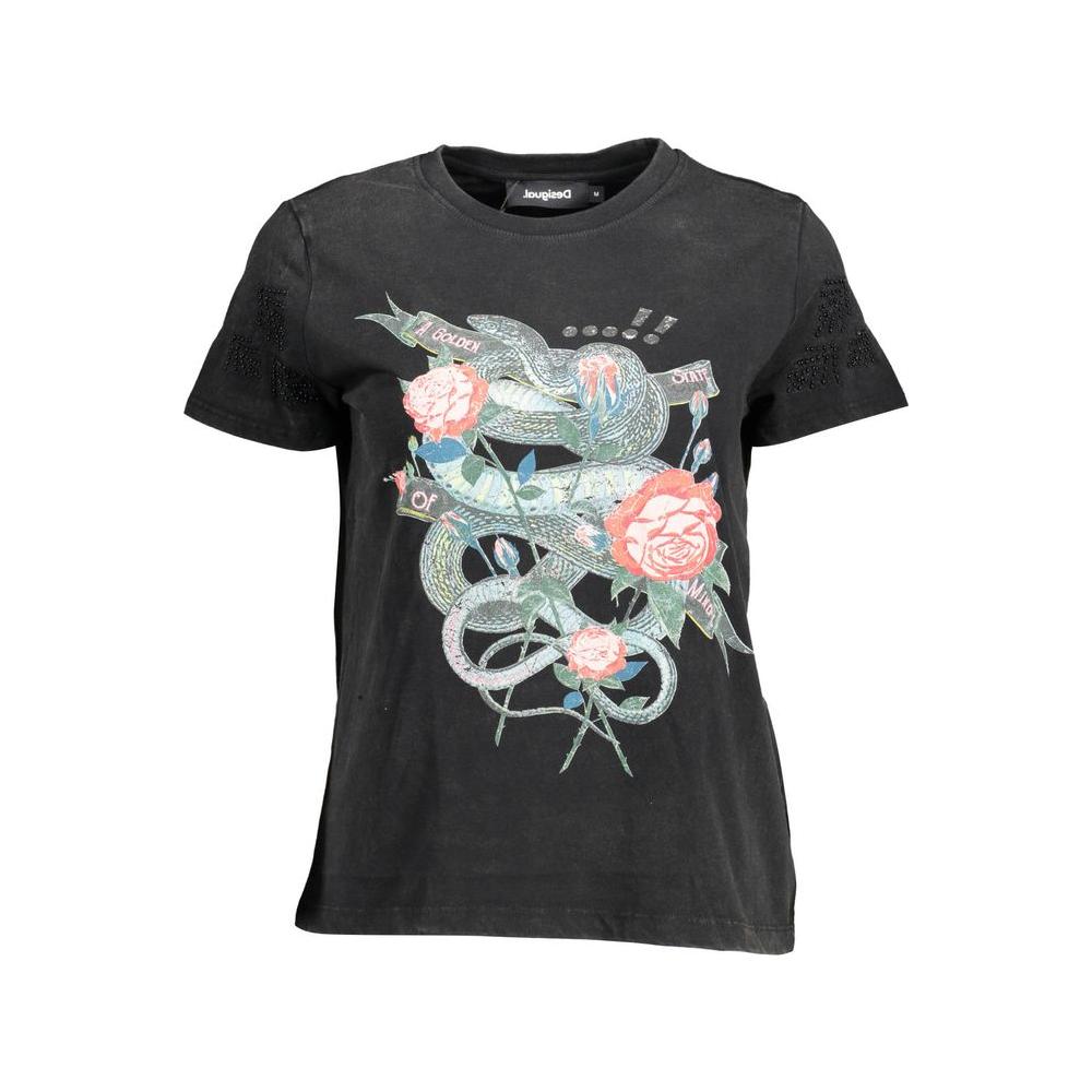 Desigual black cotton women's top with vibrant prints and Desigual logo, crafted from soft cotton for chic, comfortable style.