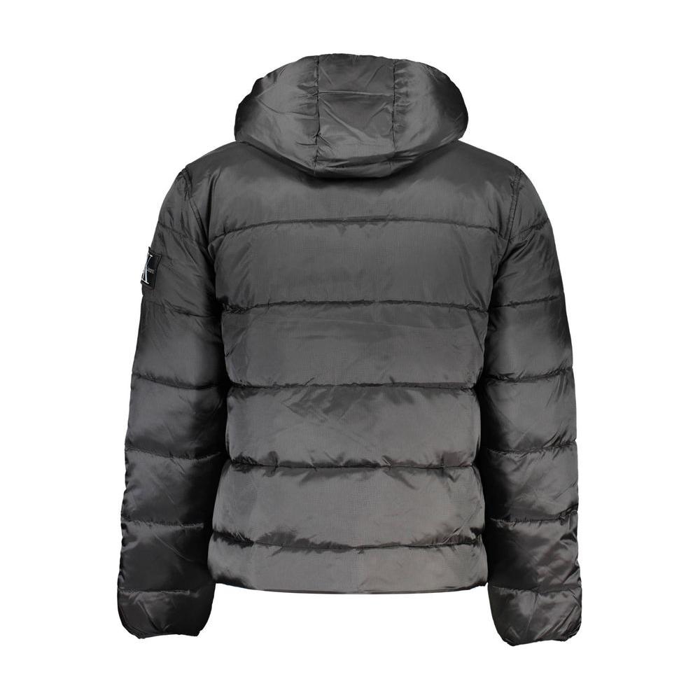 Back view of Calvin Klein men's hooded jacket with quilted design and eco-friendly fabric, showcasing stylish contrast details.