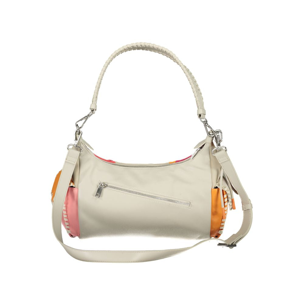 Desigual beige handbag with removable shoulder handle and strap, external and internal pockets, contrasting details, zip closure.