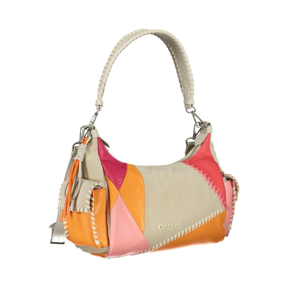 Desigual Beige Polyethylene Handbag with removable shoulder handle, adjustable strap, multiple pockets, contrast details, and logo.