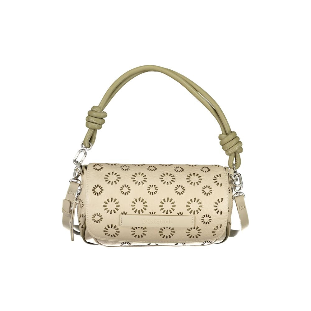 Desigual beige handbag with floral design, removable handle, adjustable strap, multiple pockets, zip and magnet closure.