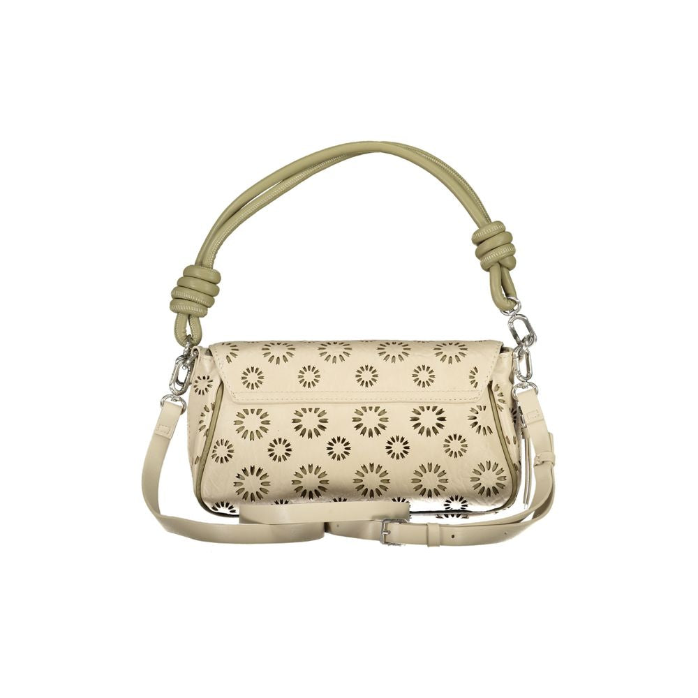 Desigual beige polyethylene handbag with removable handle, adjustable strap, floral pattern, external pocket, and logo detail.