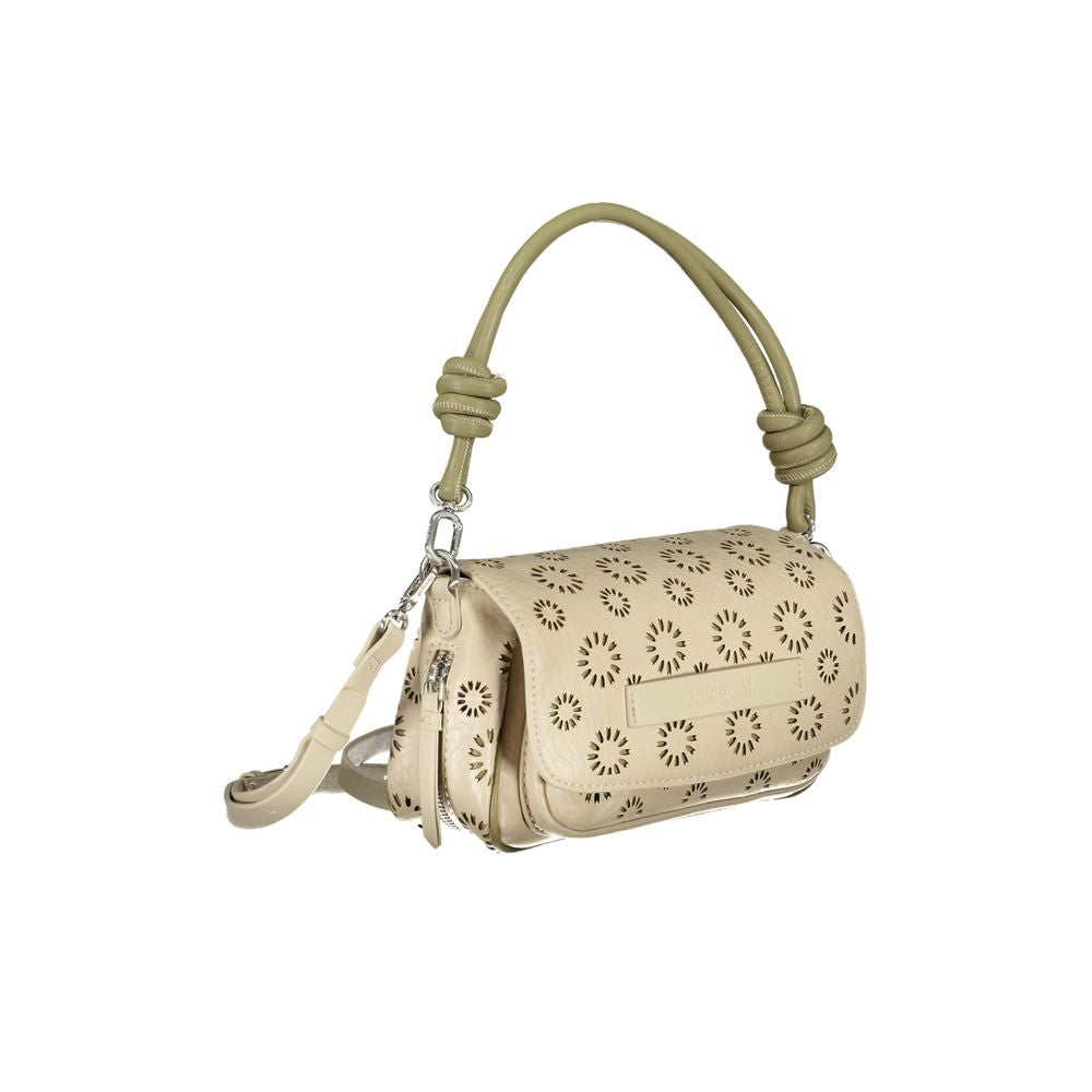 Desigual beige polyethylene handbag with removable handle, adjustable strap, floral cutout design, and multiple compartments.