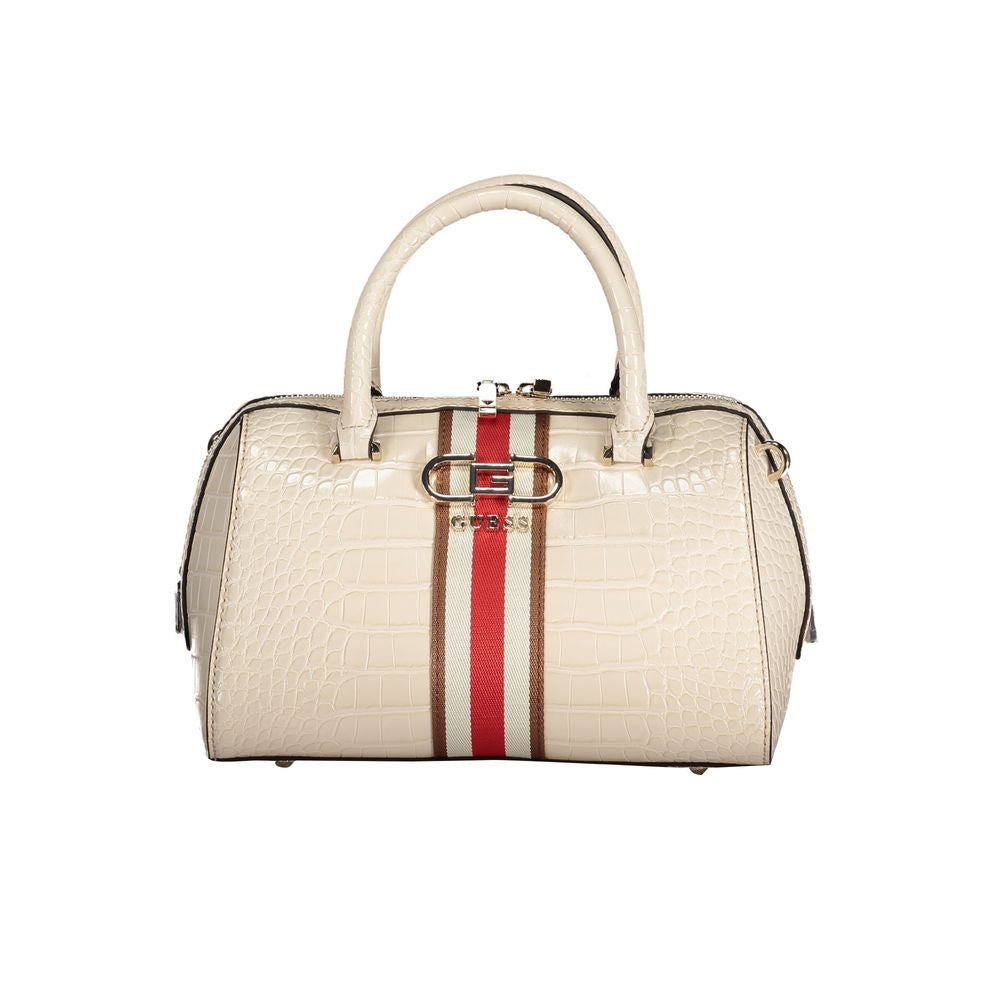 Guess Jeans beige polyethylene handbag with two handles, adjustable shoulder strap, protective feet, and contrast details.