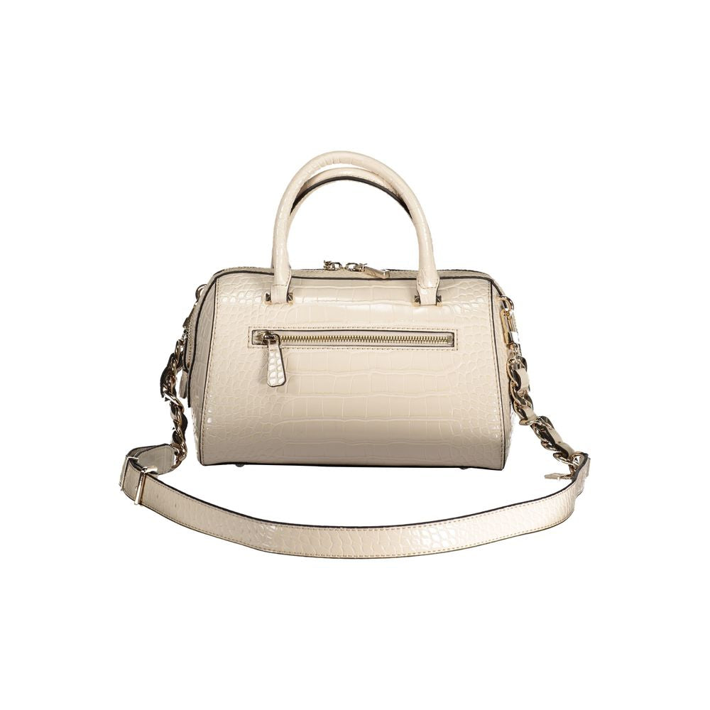 Beige Guess Jeans polyethylene handbag with adjustable strap, two handles, external pocket, contrast details, and protective feet.