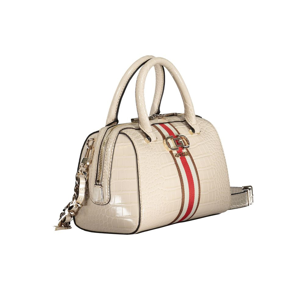 Beige Guess jeans polyethylene handbag with handles, adjustable strap, external pocket, and protective feet featuring contrast details.