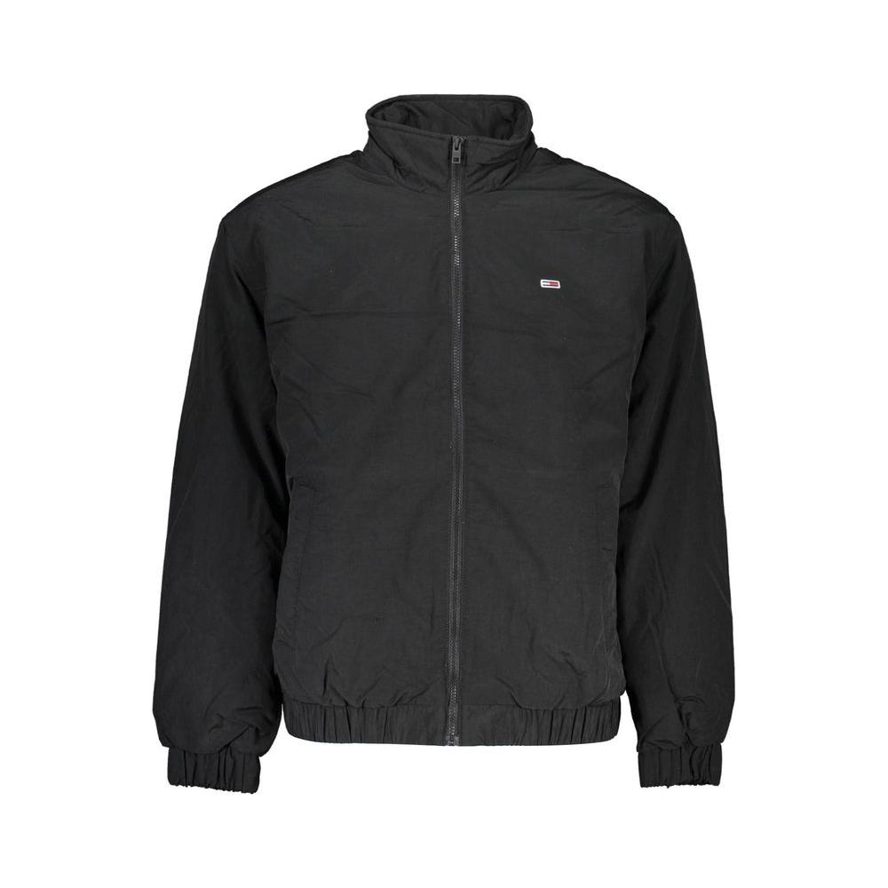 Tommy Hilfiger Black Polyester Men's Jacket with recycled nylon, featuring zip closure and multiple pockets for sleek, eco-friendly style.