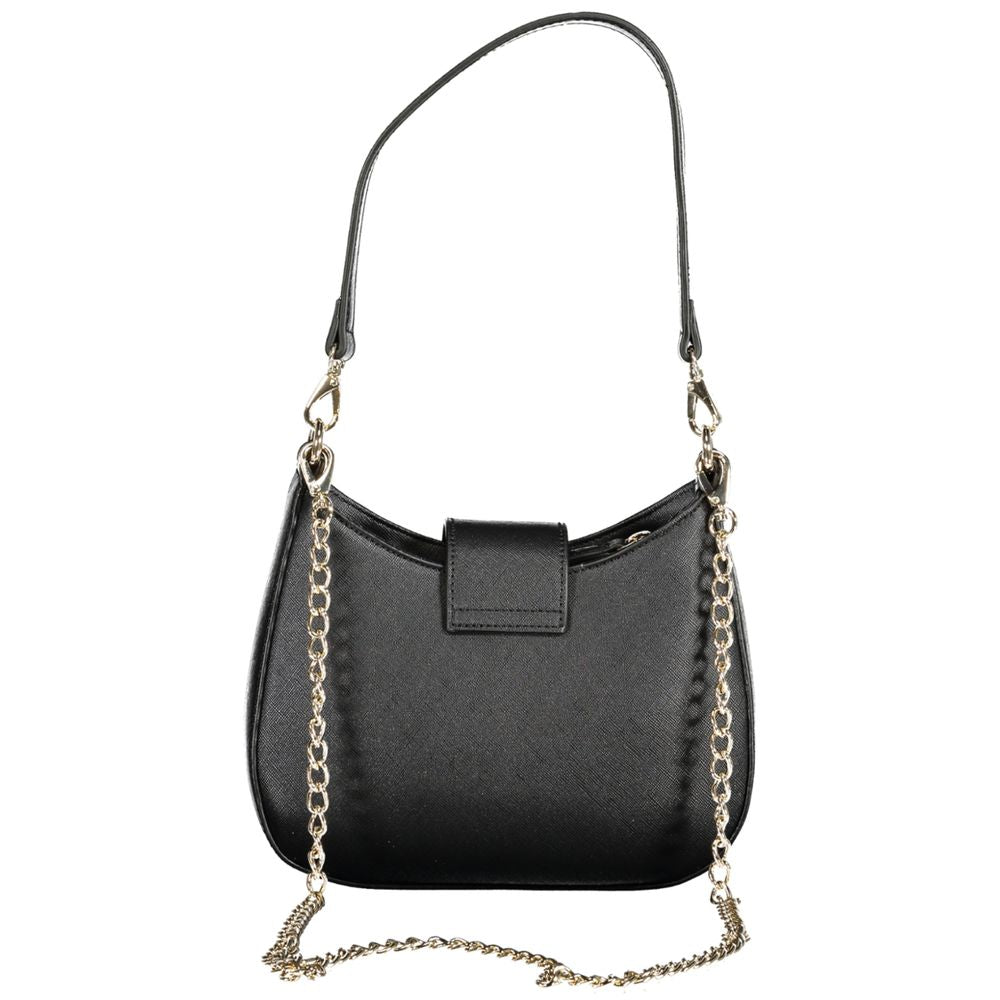 Valentino Bags black polyethylene women handbag with removable shoulder handle and chain strap, showcasing two internal pockets.